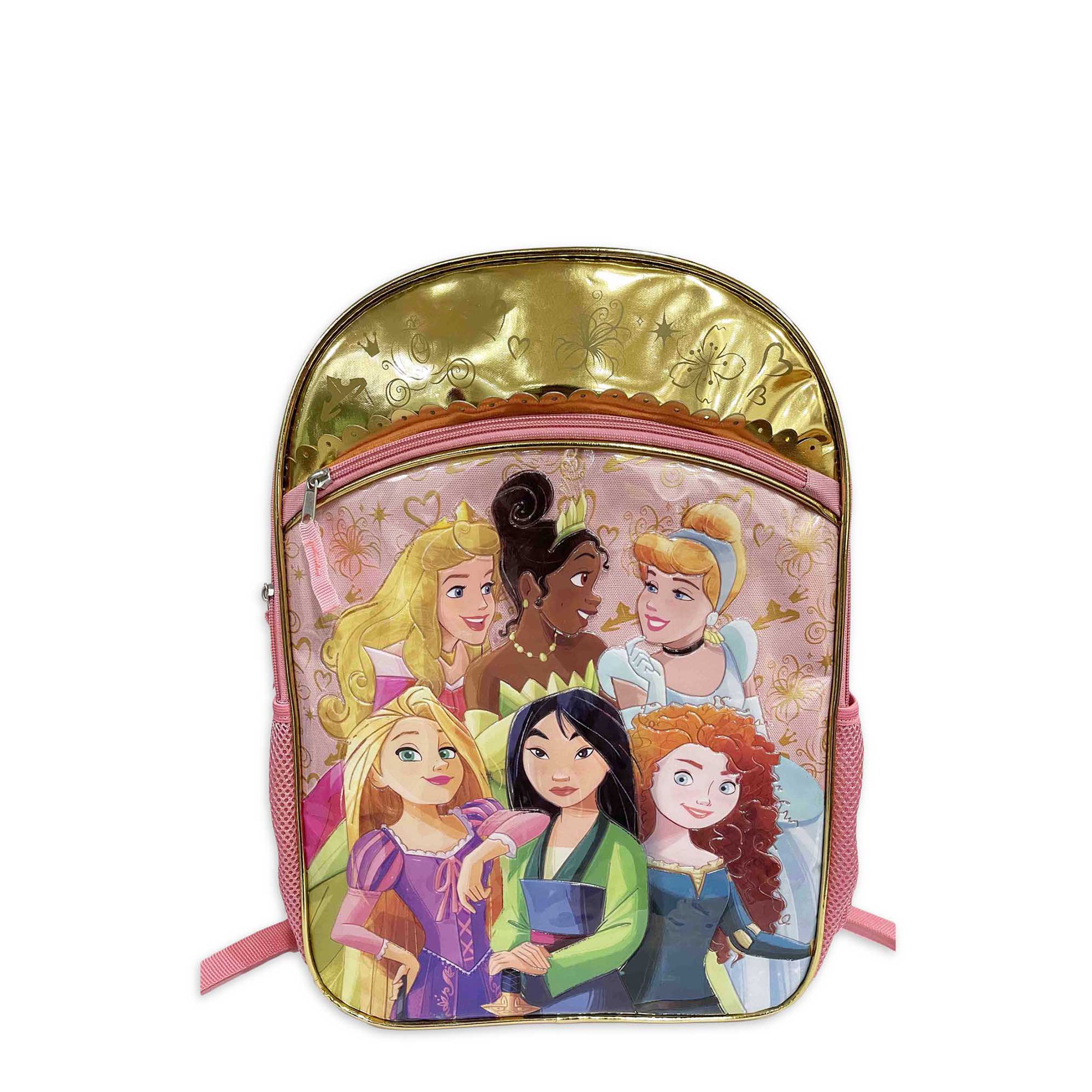 Disney Princess 17 inch Pink & Gold Backpack with 6 Princesses, School