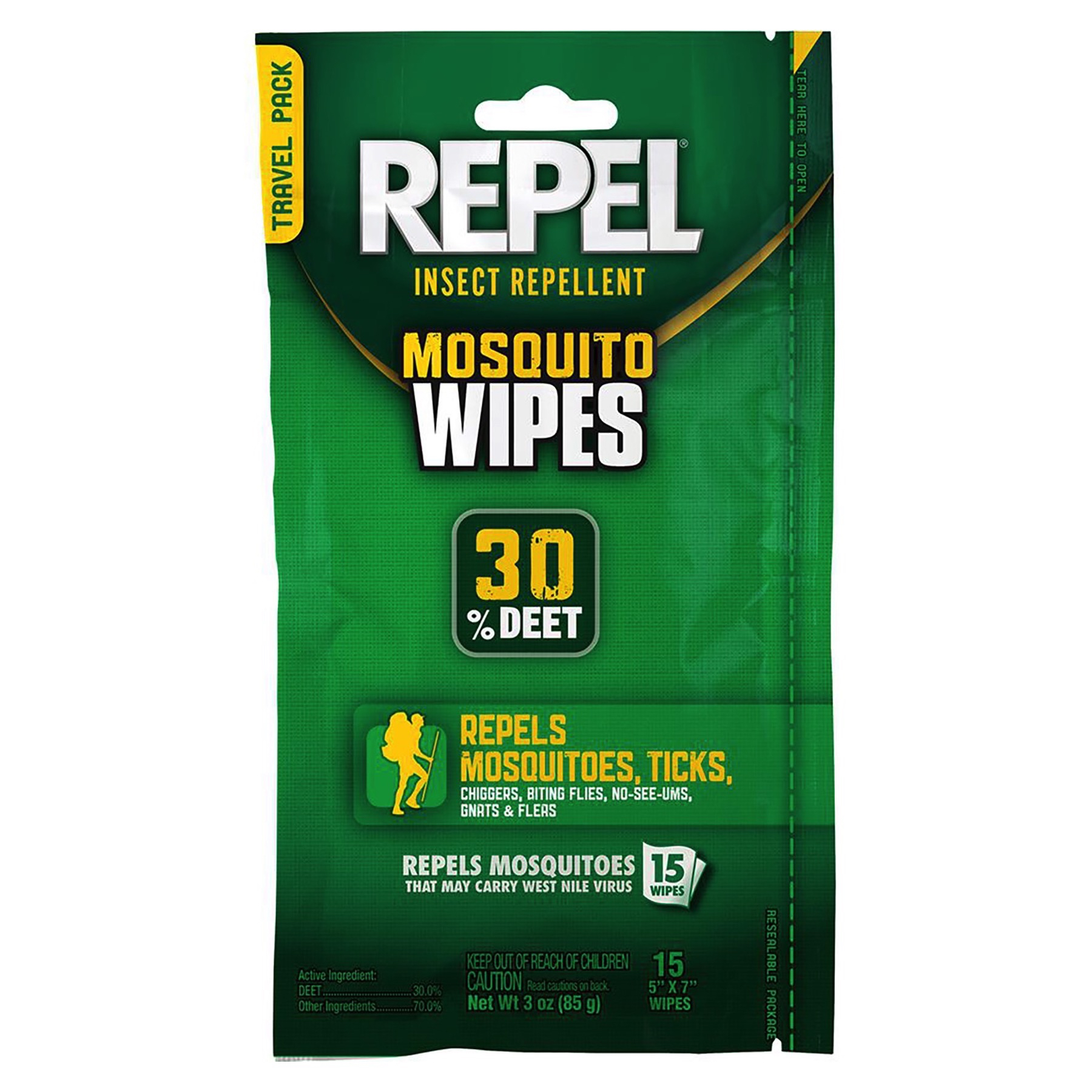 Repel Insect Repellent Mosquito Wipes 30 DEET Unscented 15Count Ticks