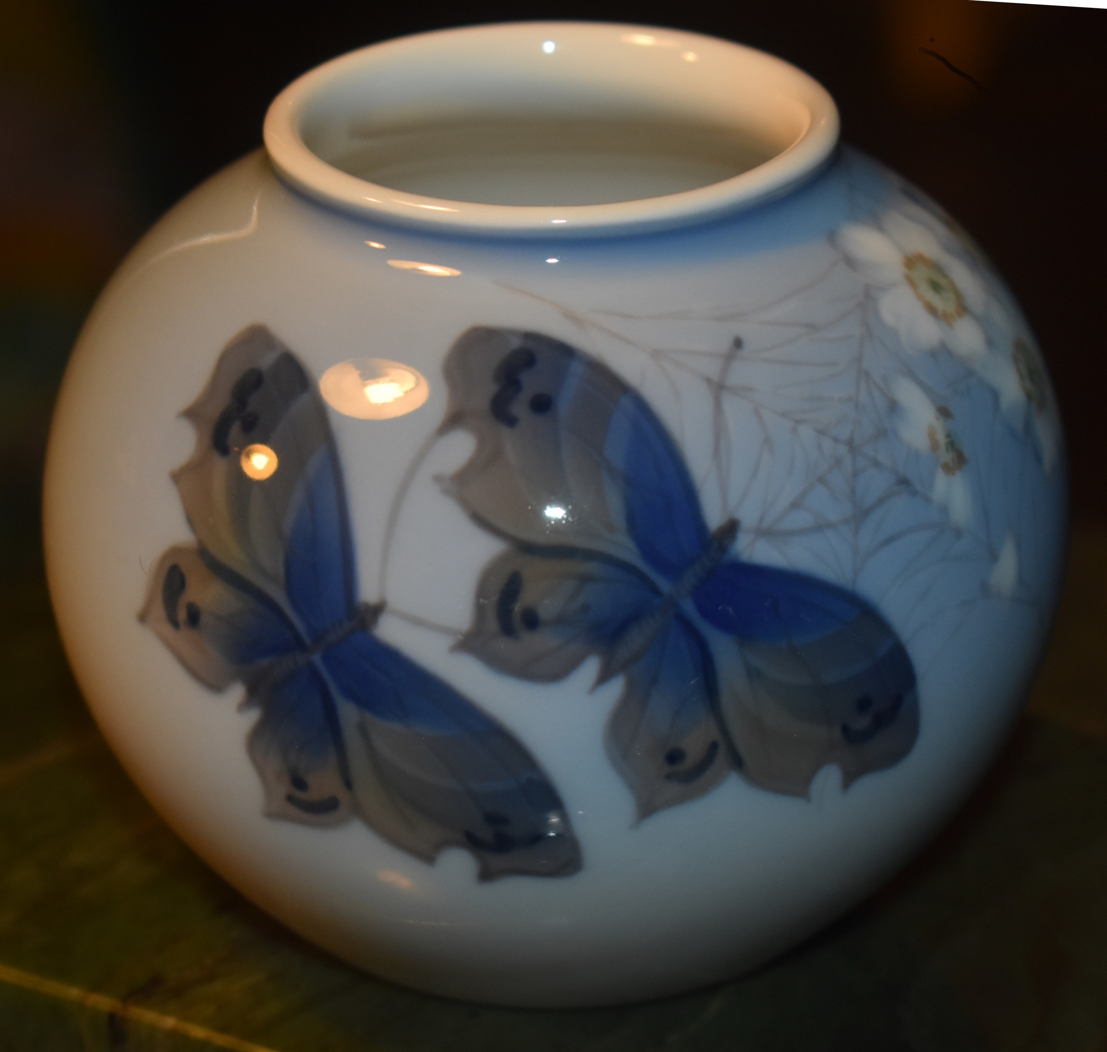 Royal Copenhagen Round Vase with Butterflies [Moths?], Spiderweb and