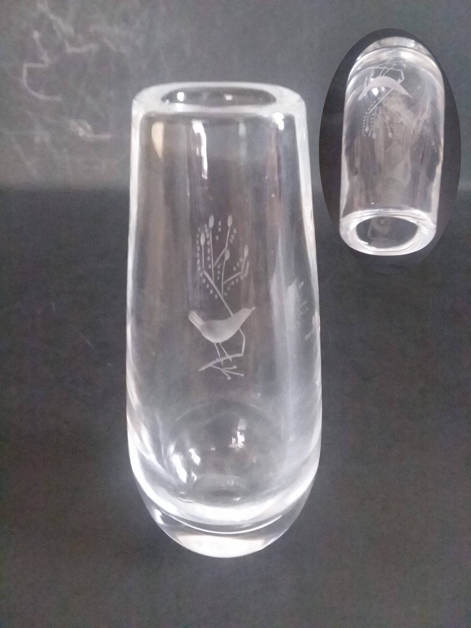 Orrefors bud vase with bird on branch Collectors Weekly