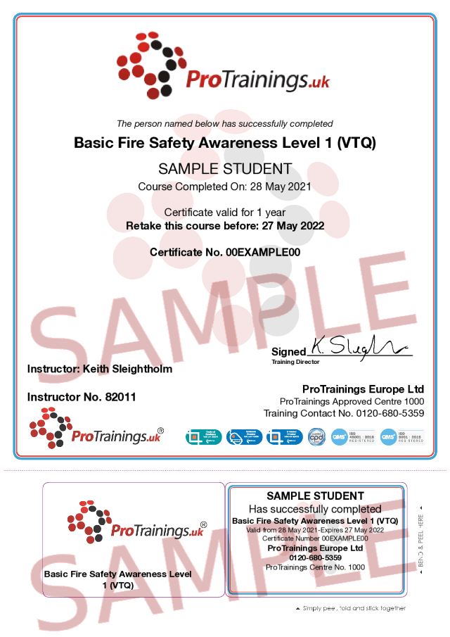 Basic Fire Safety Awareness Level 1 (VTQ) Course Classroom Training