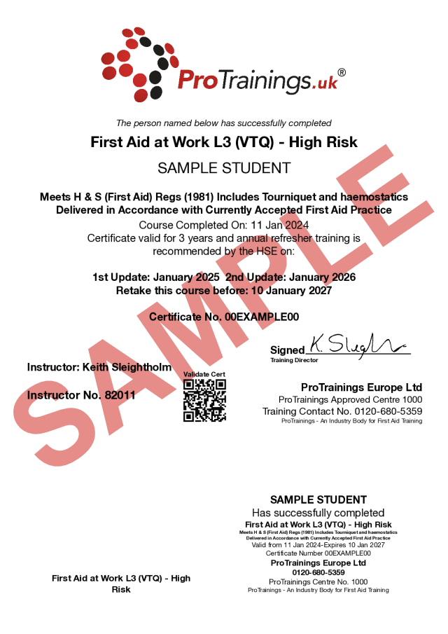 First Aid at Work Level 3 (VTQ) High Risk FAW Course Classroom Training