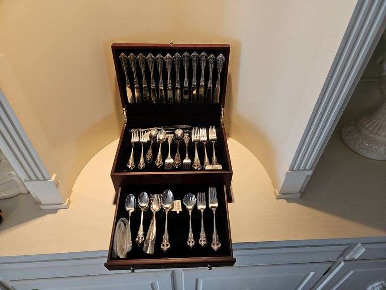 (77) Pc. Wallace Silverware Set w/Walnut Chest Assiter Auctioneers