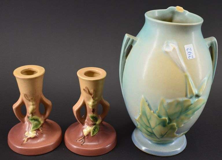 Roseville Pottery Candles Sticks and Chipped Vase BHD Auctions