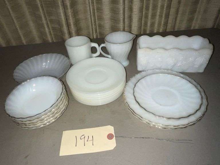 White glass dishes • Living room 1 (ground level) Duck Soup Auctions