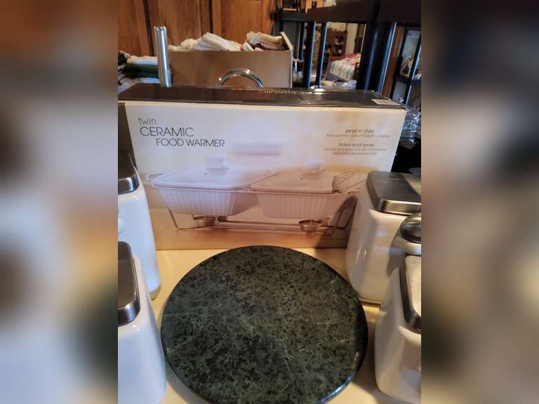 Twin ceramic food warmer, 4 cannisters & lazy susan Lindsay Auctions