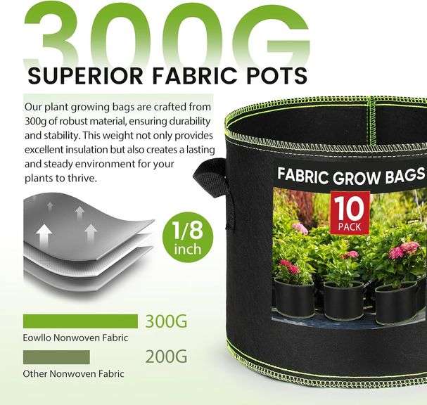 Eowllo Grow Bags 5 Gallon 10Pcs Heavy Duty 300G Fabric Pots for Plants