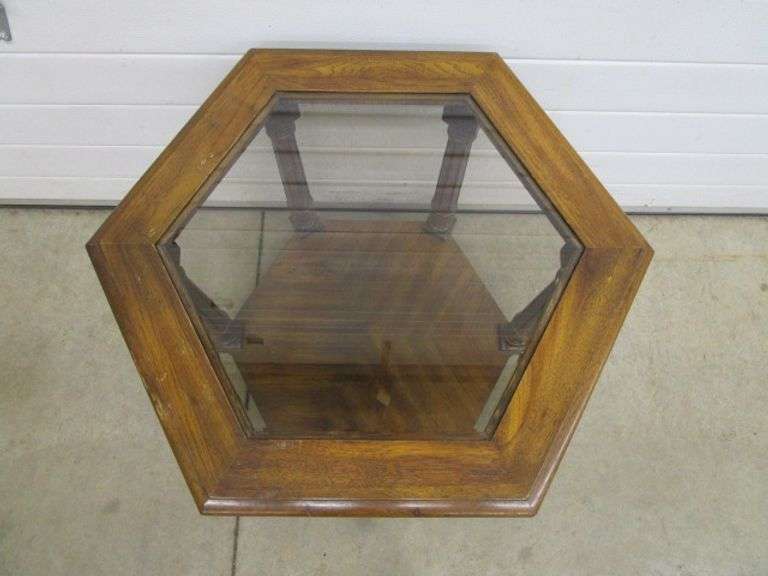 Pair of Pecan Hexagon Glass Top End Tables Oberman Auctions