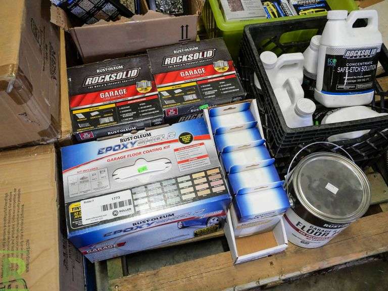 Pallet of RustOleum Rock Solid, Chips, Epoxy Primer Roller Auctions