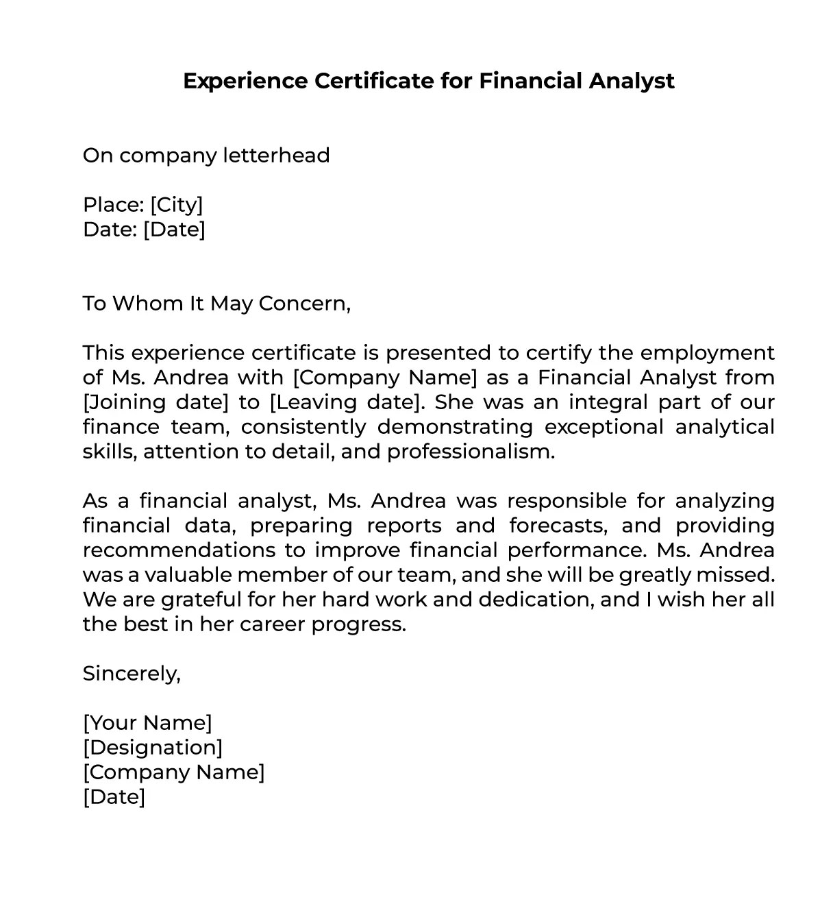Experience Certificate Letter Format, and Sample Download