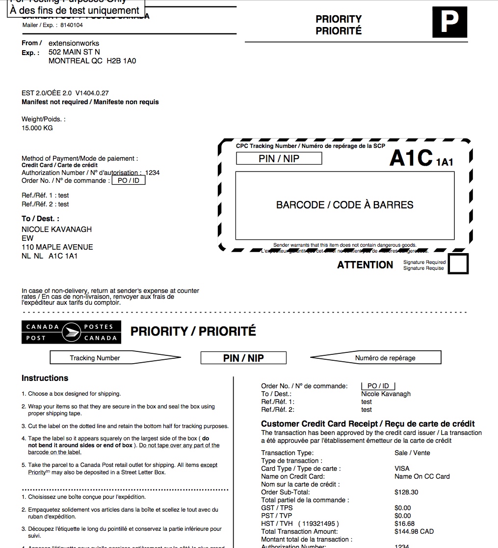 Canada Post label printing & tracking code
