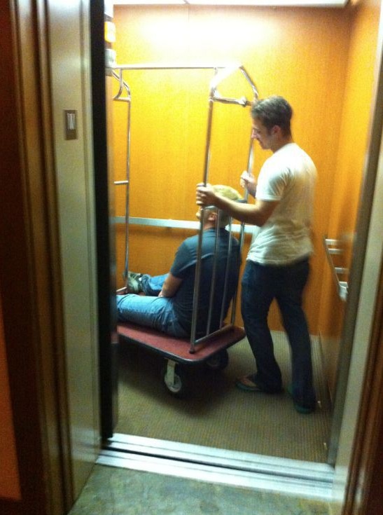 Bellman Luggage Cart Special Delivery. Buddy Drunk in the Elevator. LOL