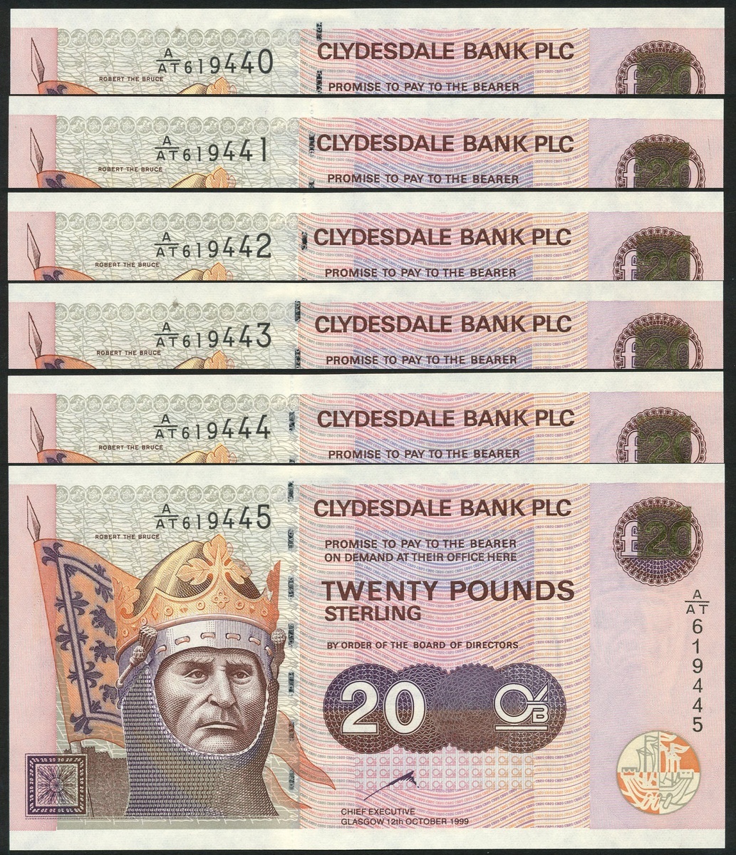 2853 Clydesdale Bank Plc, £20 (6), 12 October 1999, consecutive seria...