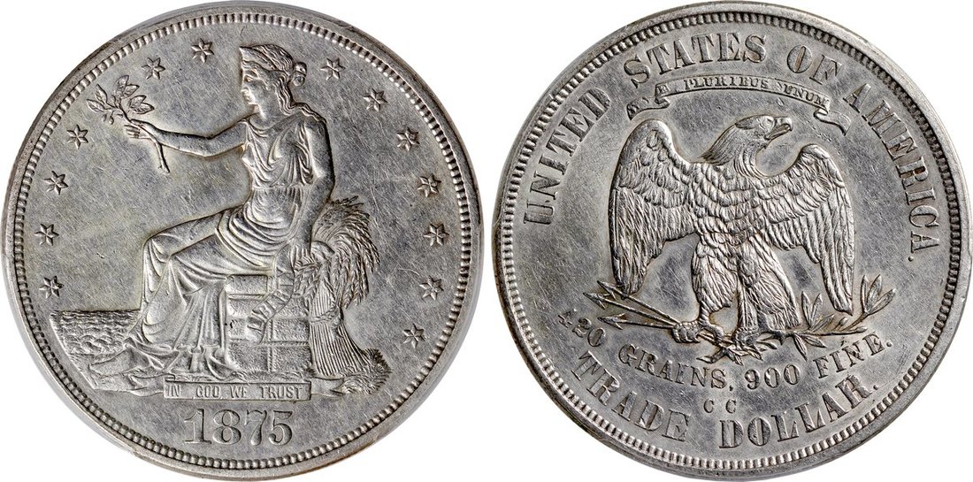 534 U.S.A., silver 1, 1875CC, Trade Dollar,