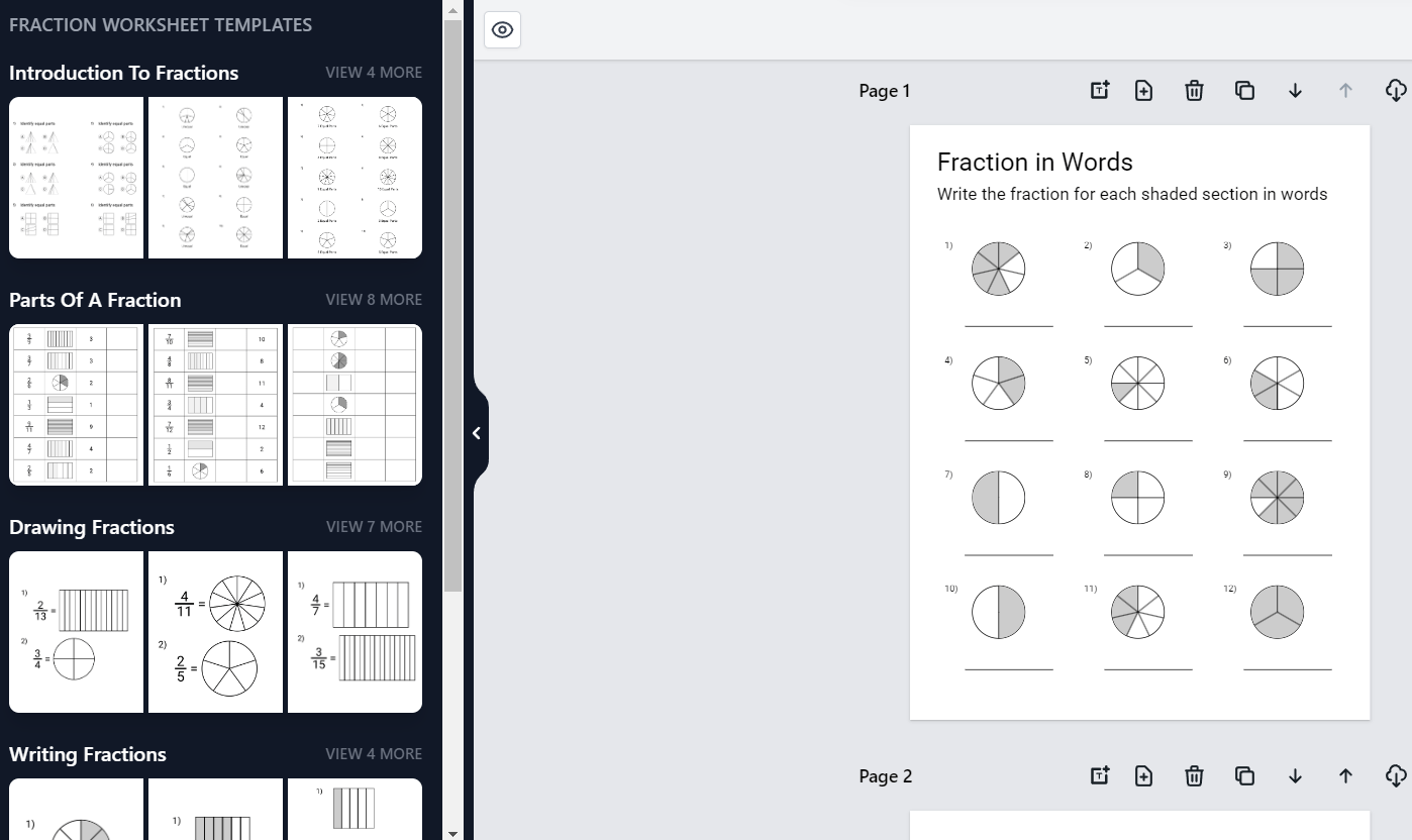 Fraction Worksheets Generator