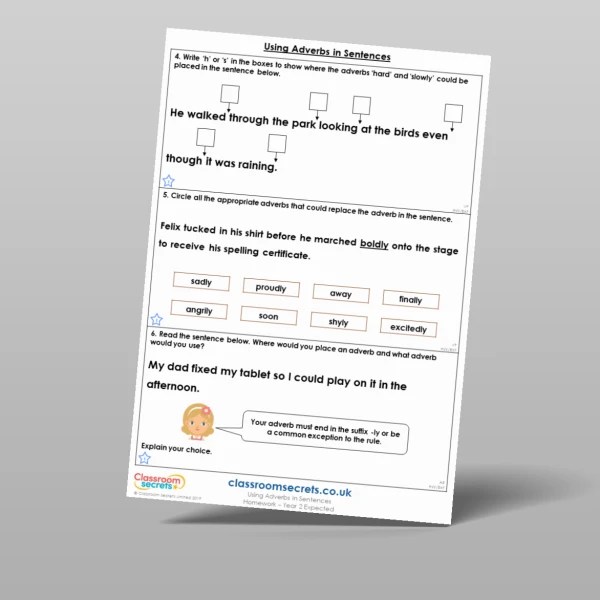 Using Adverbs in Sentences Homework Resource Classroom Secrets