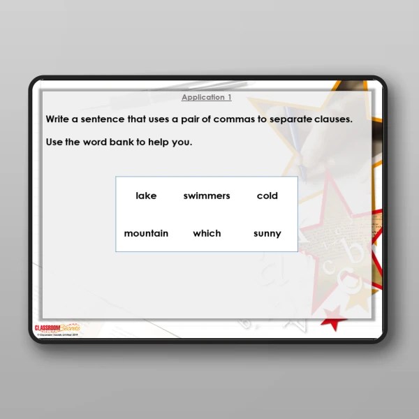 Using Commas in Lists, Adverbials and Clauses Modelling PPT Resource