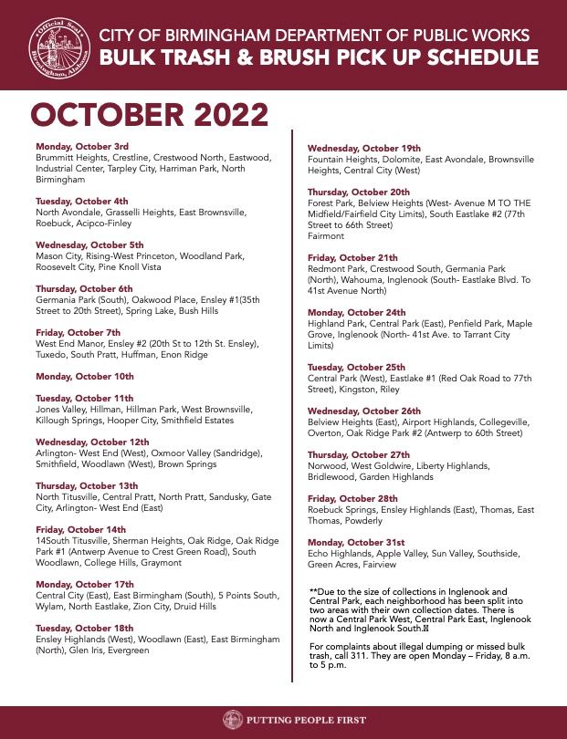 October 2022 Bulk Trash Schedule District 6 Birmingham, Alabama