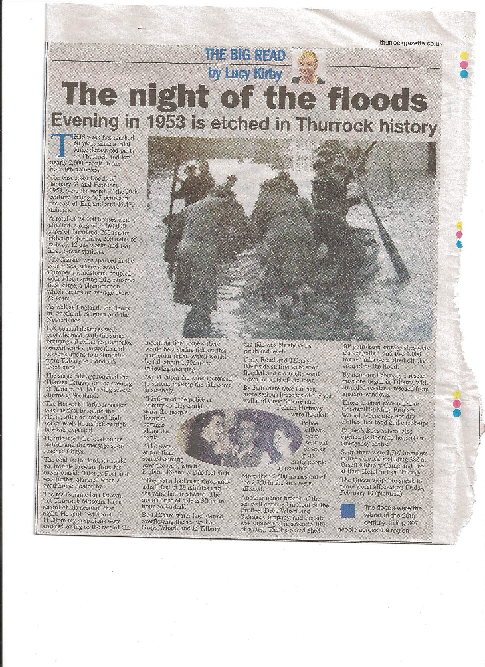 Article about the 1953 floods from Thurrock Gazette The 1953 Floods