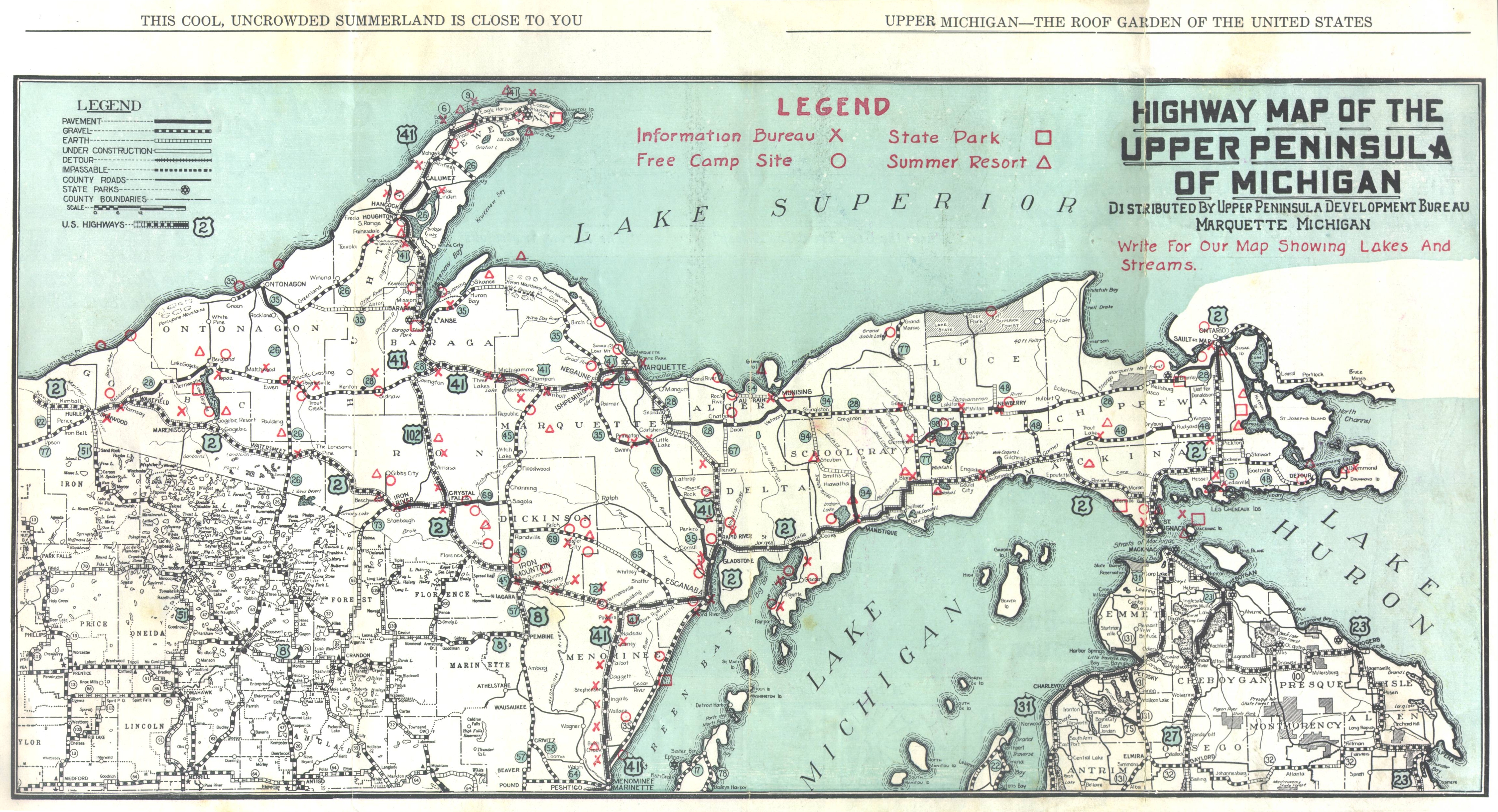 Map Of Michigan Upper Peninsula Cities Michigan UP map 1920 Michigan, Highway map, Upper peninsula