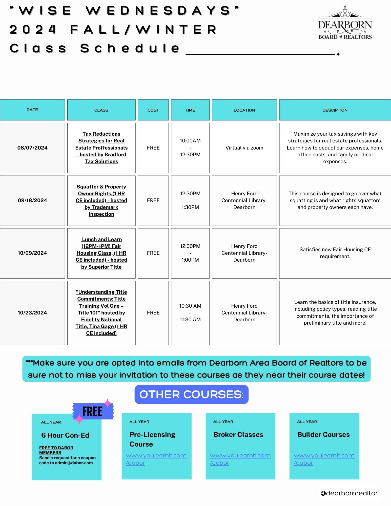 Wise Wednesdays 2024 Fall/Winter Class Schedule Dearborn Area Board