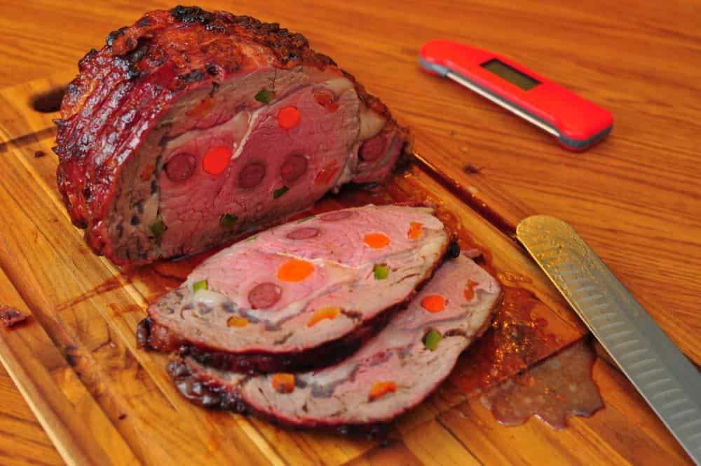 Rotisserie Boneless Beef Ribeye Roast Stuffed with Beef Sticks, Cheese