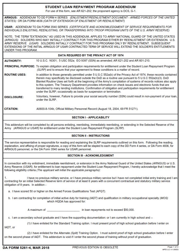 DA FORM 52614 Student Loan Repayment Program Addendum Army Pubs DA