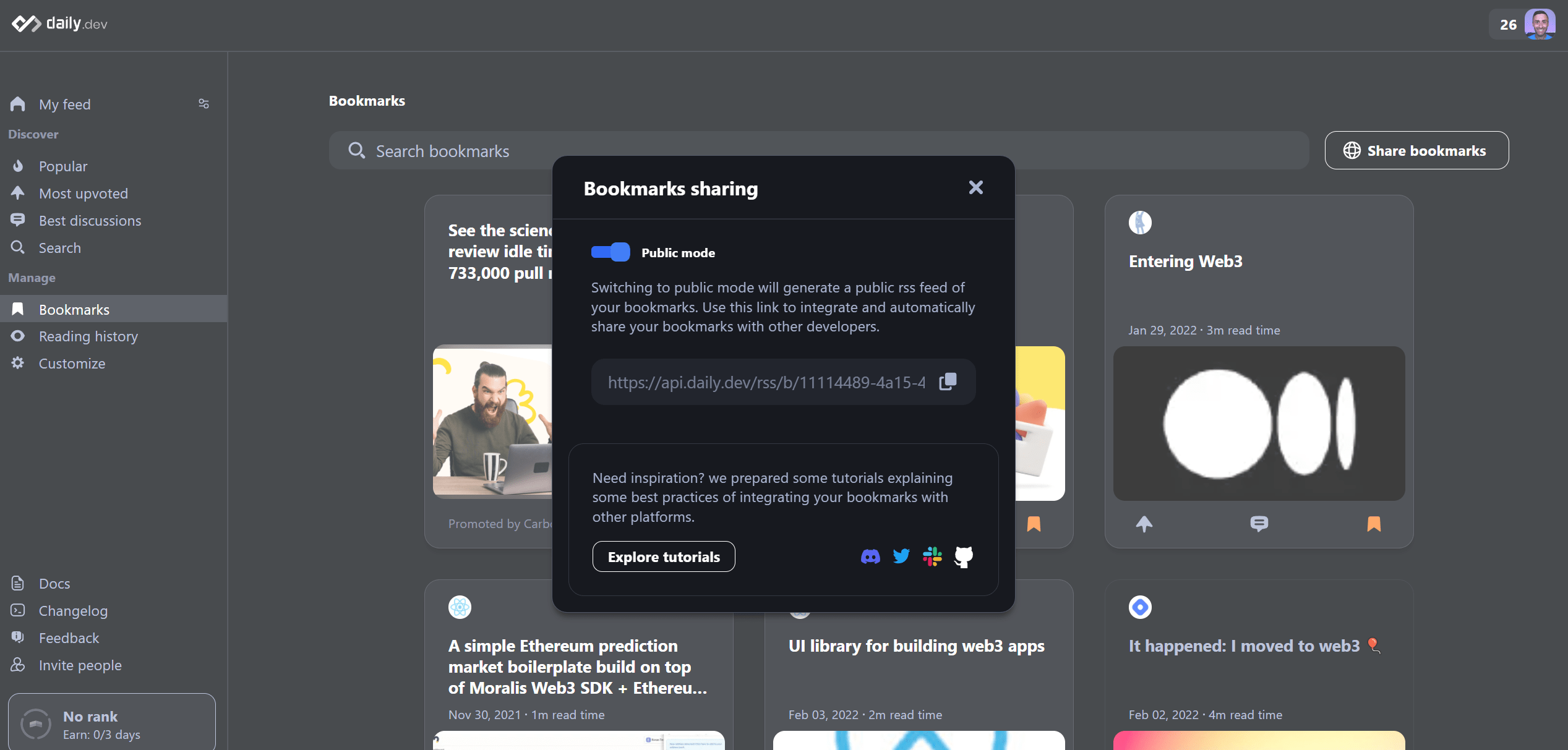 Bookmarks daily.dev