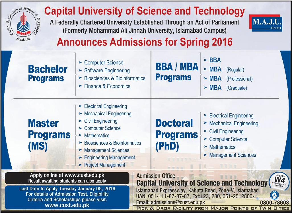 Bacelor BBA MBA & MS Admissions in Capital University of Science and