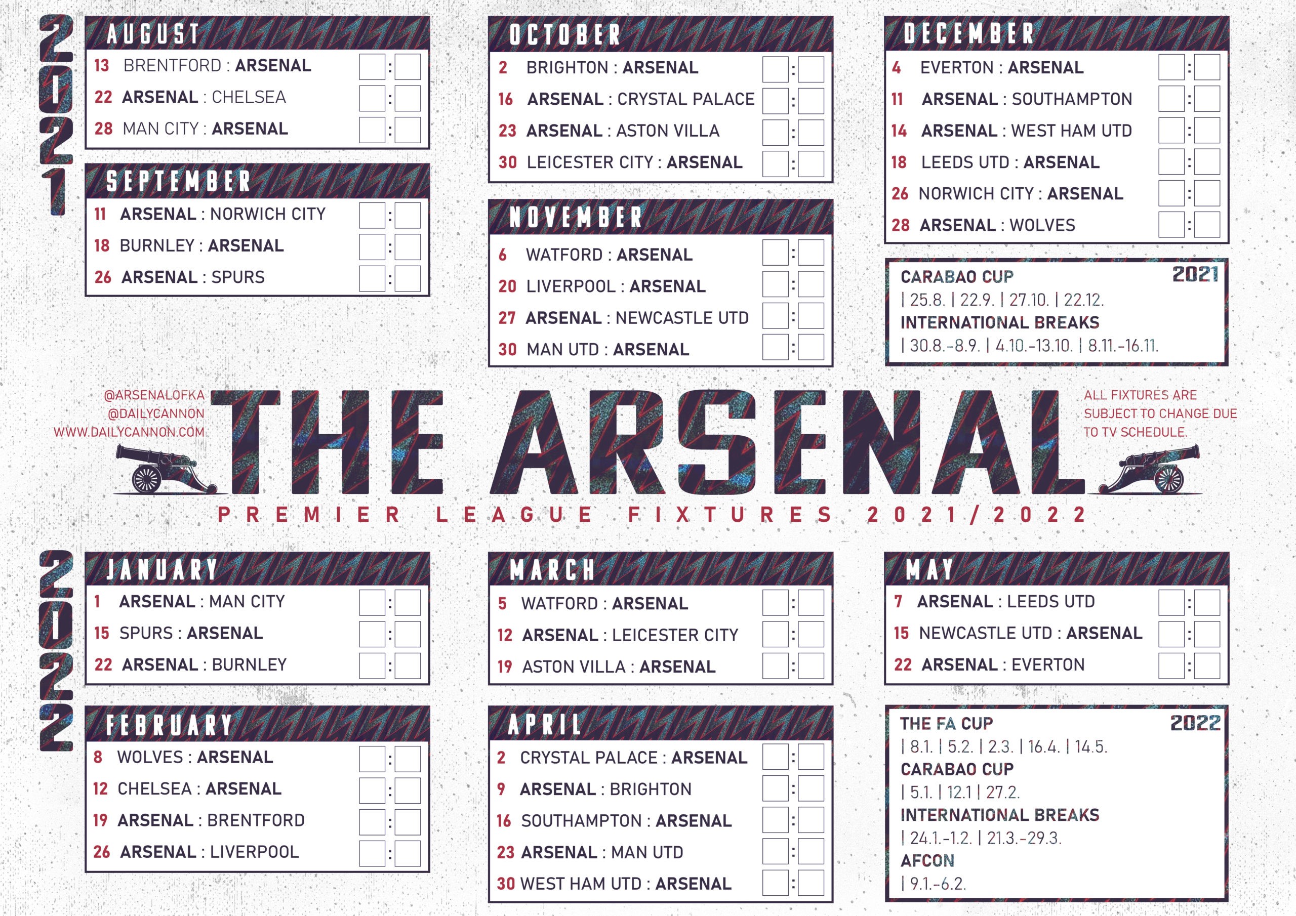 Premier League Schedule 2022 21 Arsenal 21/22 Premier League Fixtures Printable Wallchart