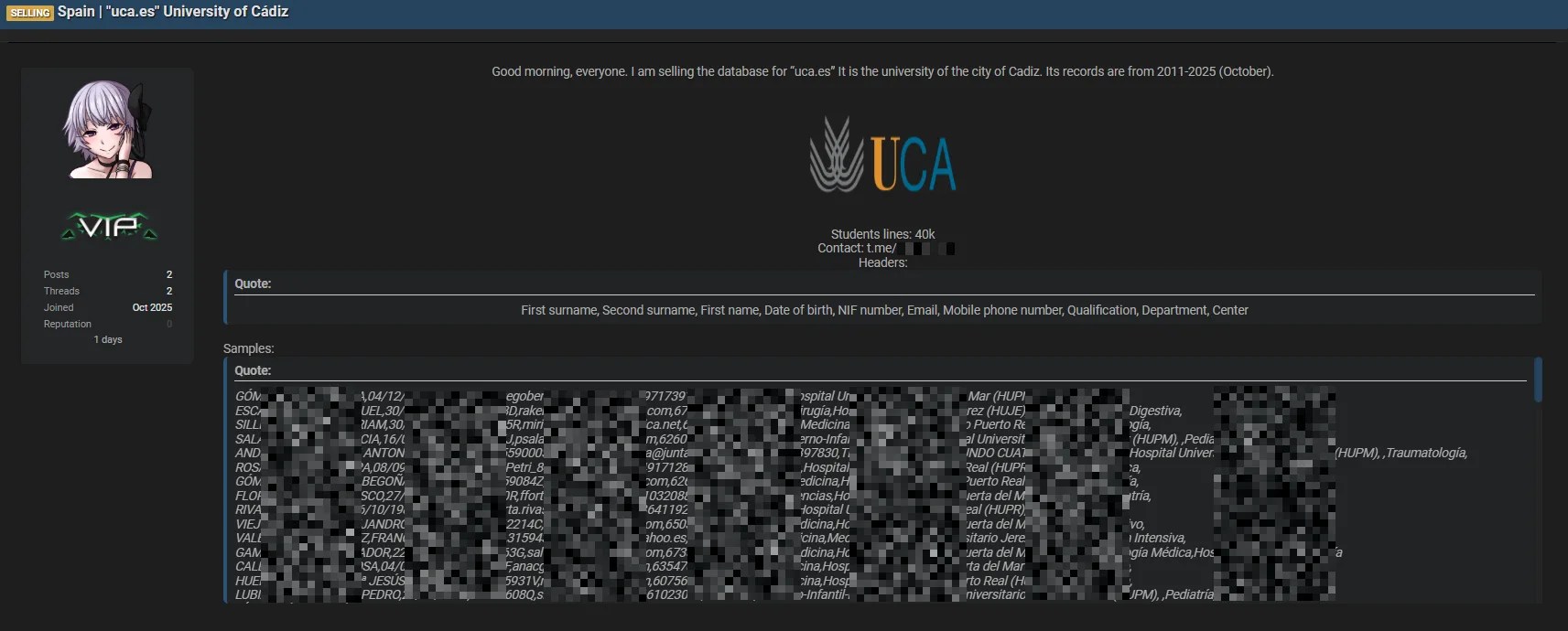 University of Cádiz (UCA) Data Breach Exposes Student Info Daily Dark Web