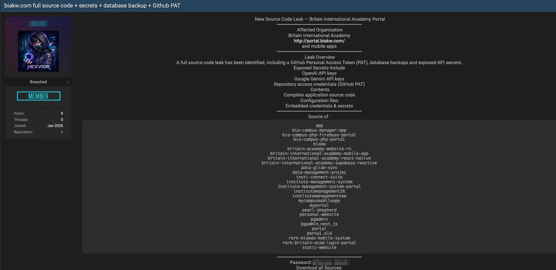 Britain International Academy Source Code Leak and Secrets Exposure
