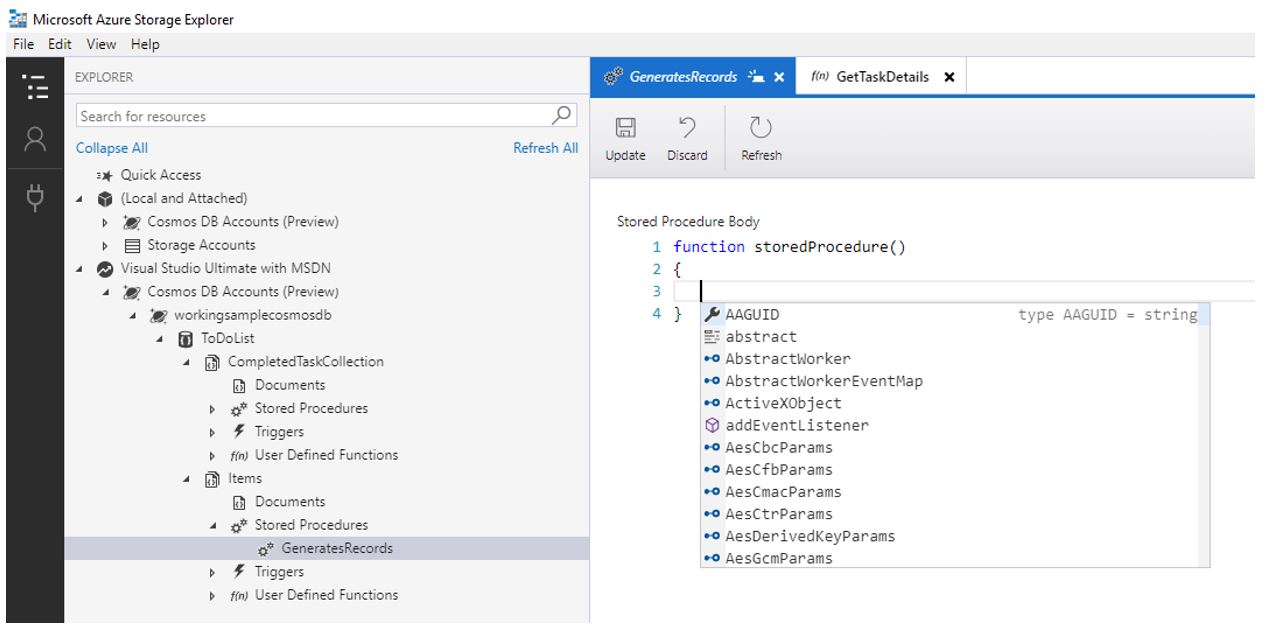 Working with Azure Storage Explorer for Azure Cosmos DB