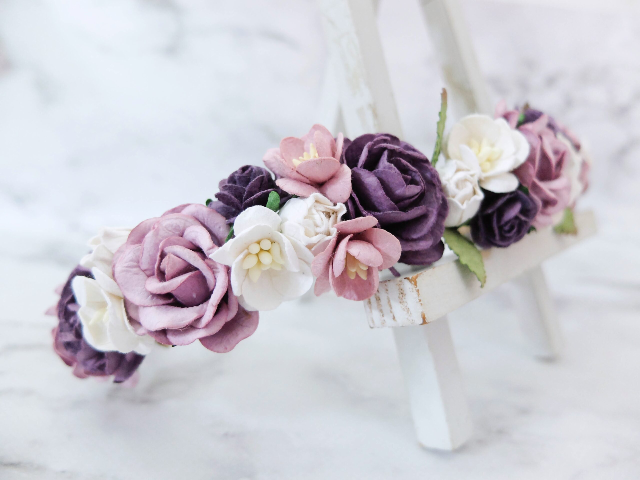 Mauve dark purple white flower crown wedding headpiece