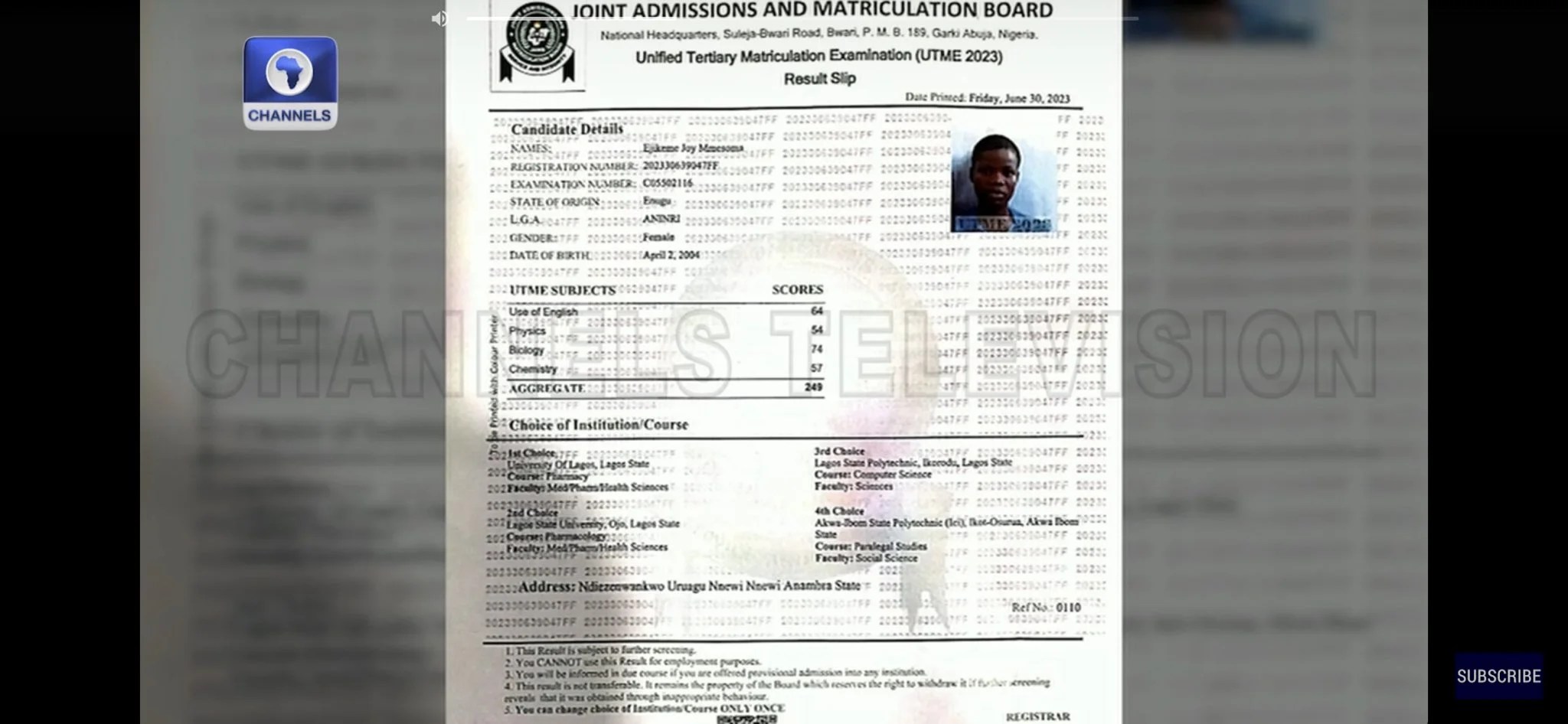 JAMB releases authentic UTME result slip of Mmesoma [PHOTO] Daily