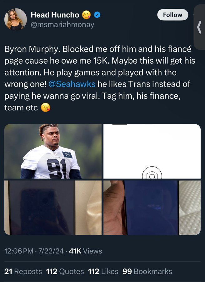 Seahawks' Byron Murphy Contacted FBI And Accused Transexual Only Fans Model Of Extortion After
