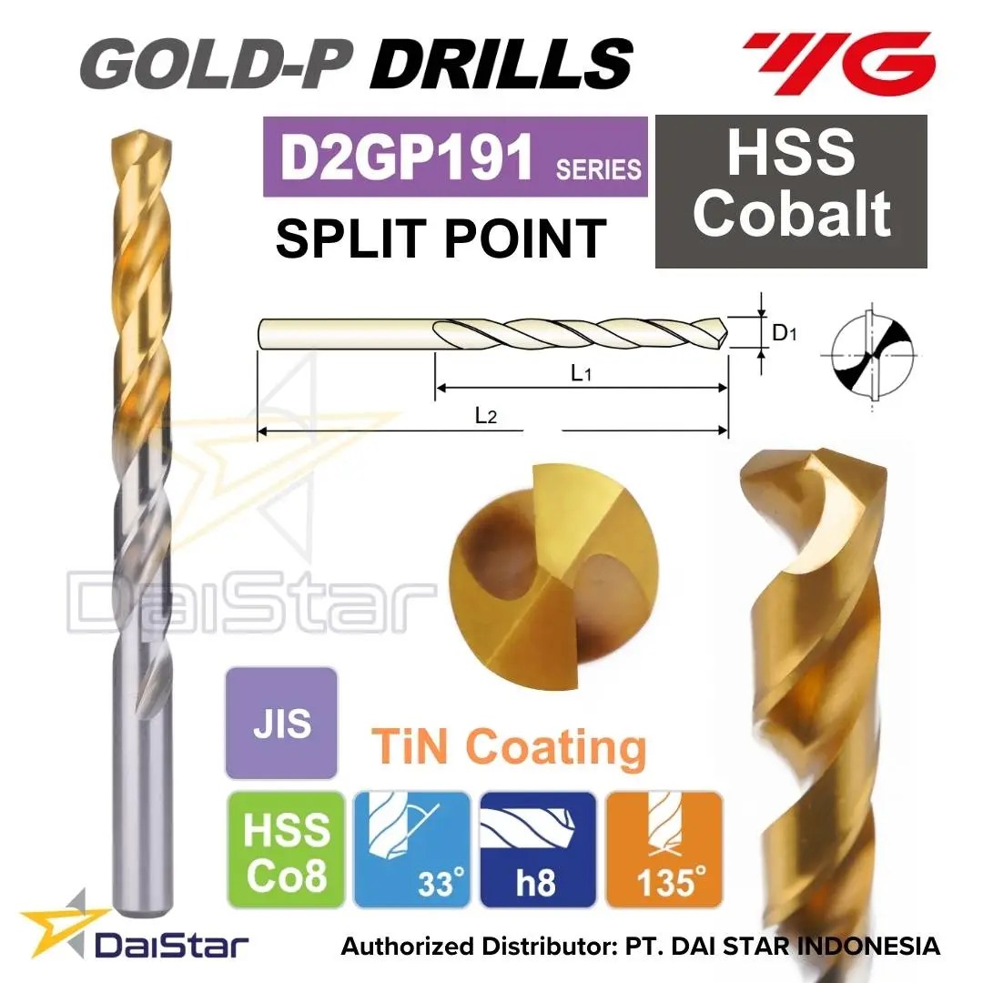 D2GP191 HSS Cobalt Drill GOLDP YG1 Mata Bor Khusus stainless
