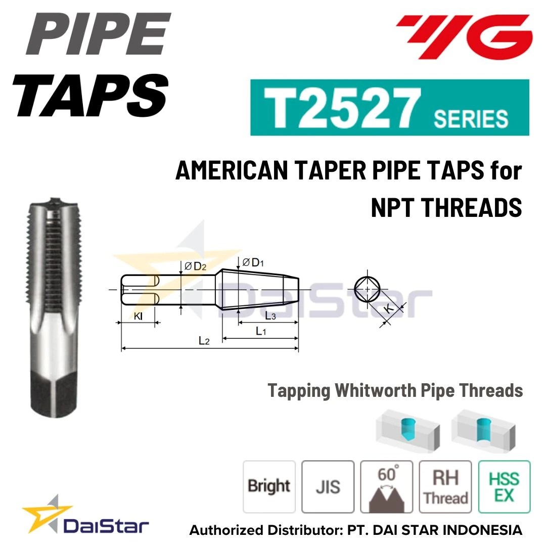 T2527 Series American Taper Pipe Tap for NPT Threads YG1