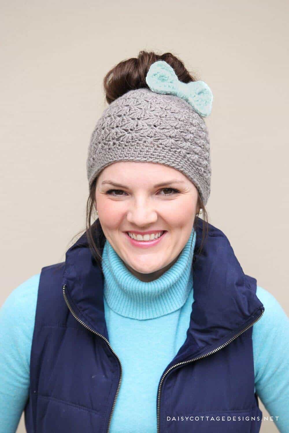 Shell Stitch Messy Bun Crochet Hat Pattern Daisy Cottage Designs