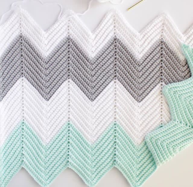 Crochet Chevron Blanket in Mint, Dove and White Daisy Farm Crafts