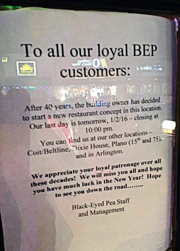 Original Blackeyed Pea closing today Dallas Voice