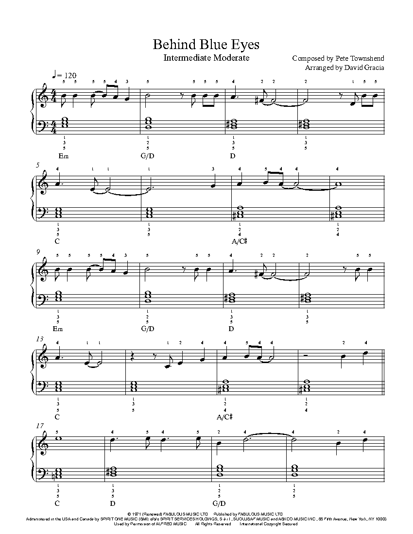 Behind Blue Eyes by The Who Piano Sheet Music Intermediate Level