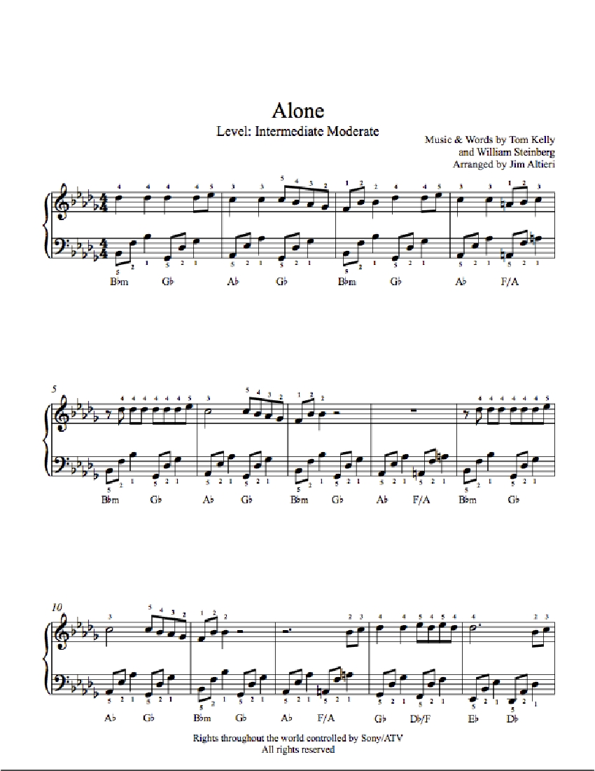 Alone by Heart Piano Sheet Music Intermediate Level