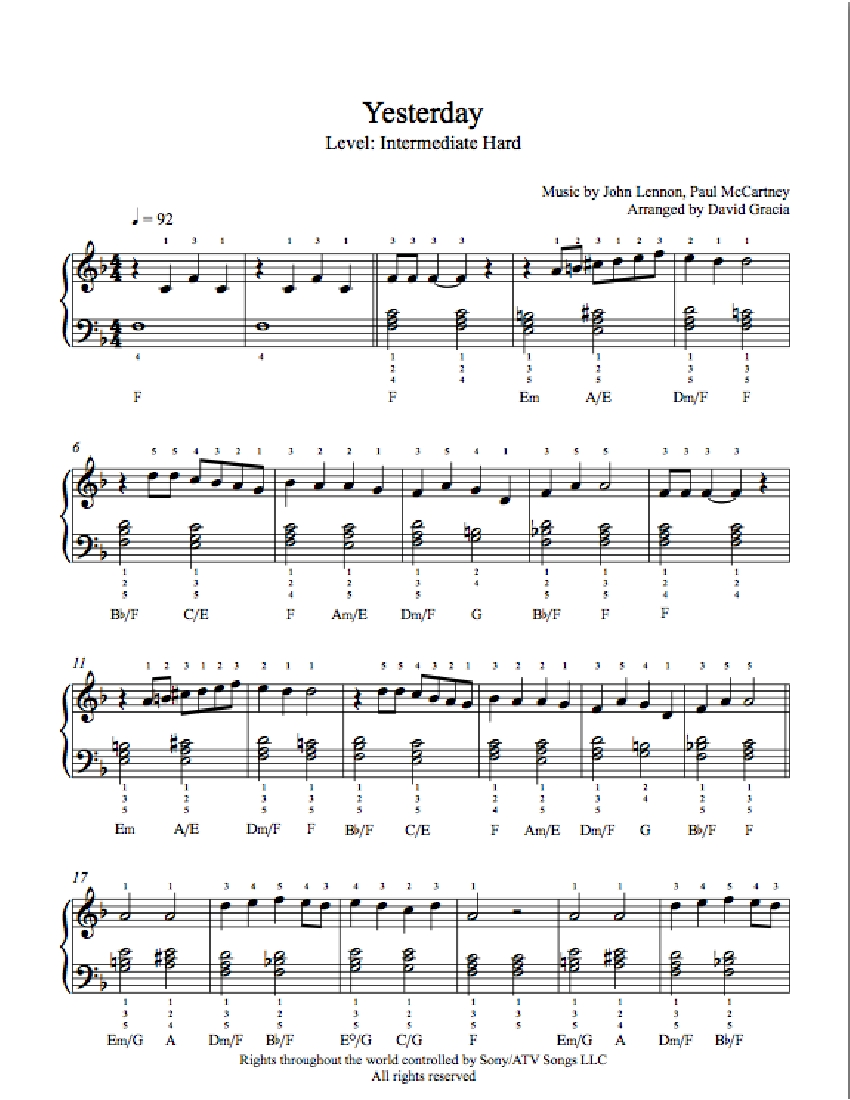 Yesterday by The Beatles Piano Sheet Music Intermediate Level
