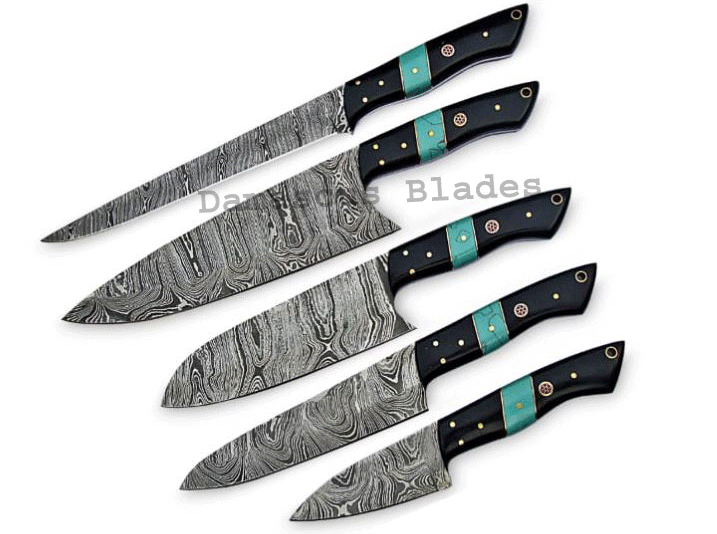 Turquoise Color Chef knife Set Damascus Blades