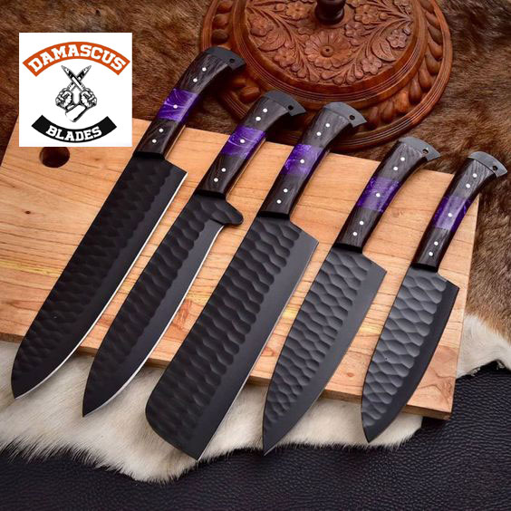 Handmade Kitchen Knife Set With Leather Bag Damascus Blades