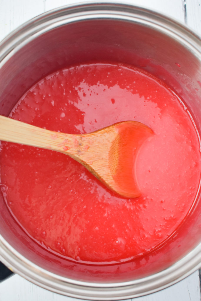 melted butter, syrup, and candies melted and mixed with a wooden spoon.