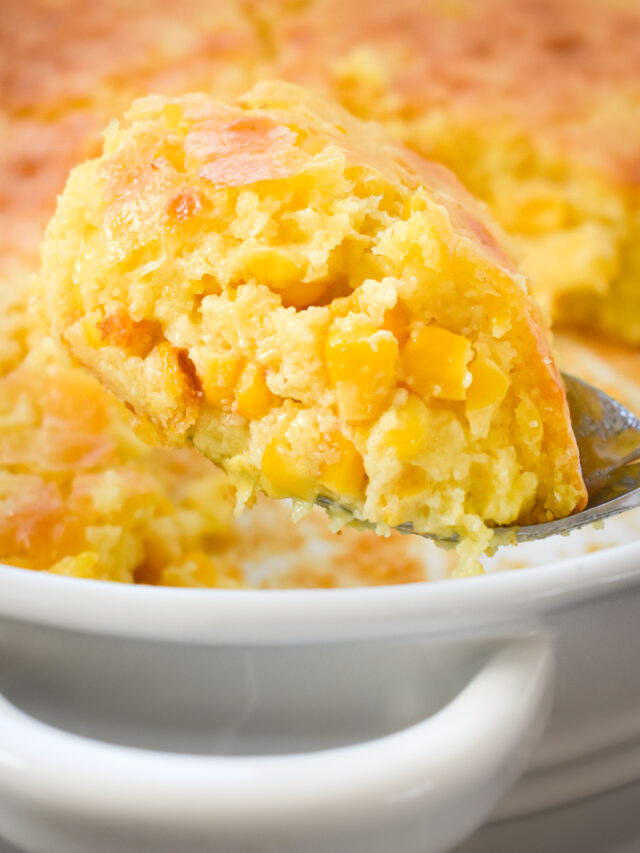 Cornbread pudding on a spoon