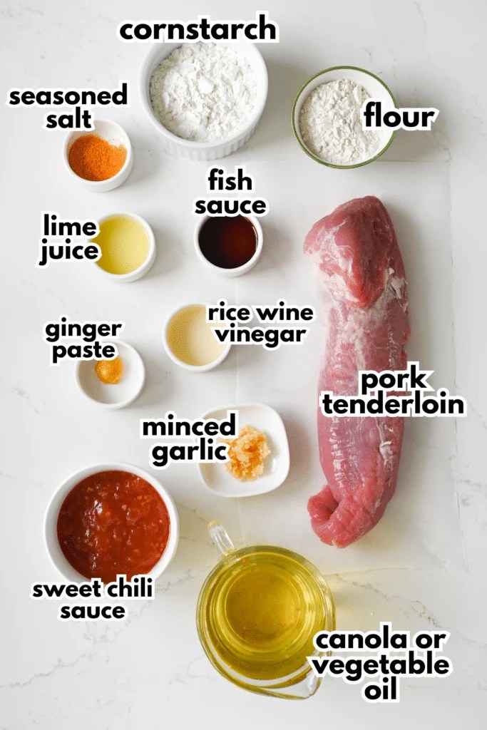The ingredients needed to make sticky pork on a white background with labels.