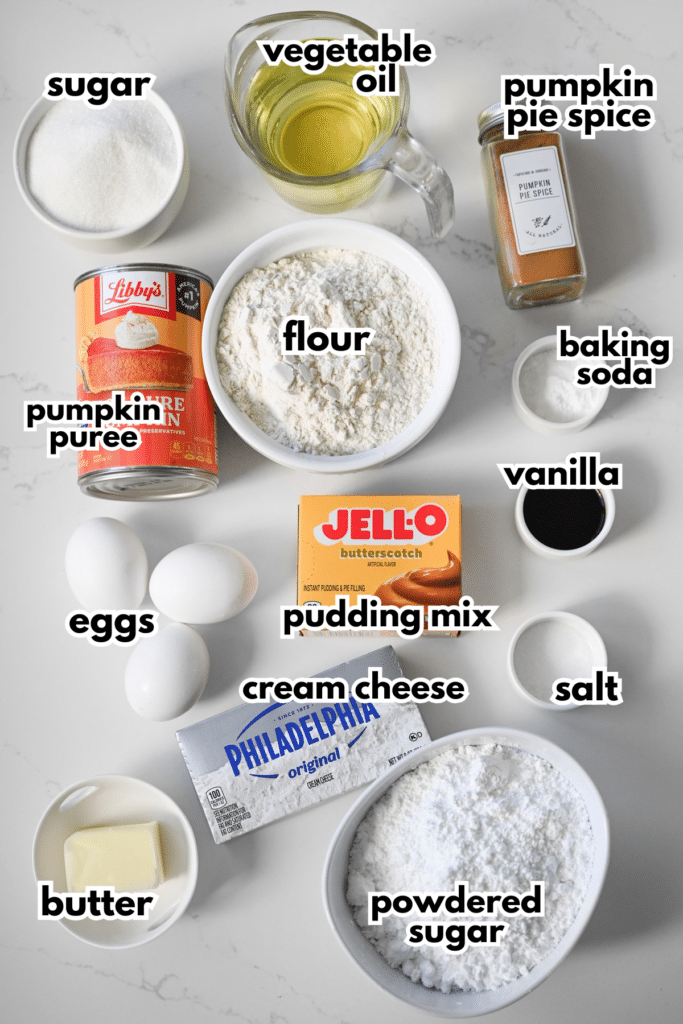 The ingredients needed to make soft frosted pumpkin cookies on a white background.